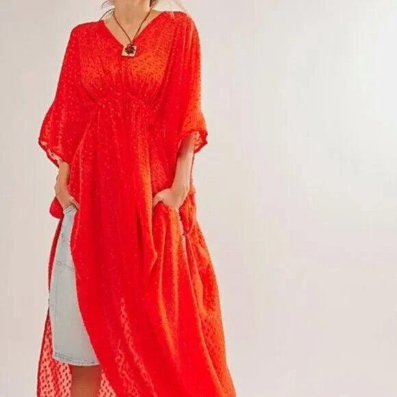 Free People Stevie Sheer Kaftan in Red NWT One Size - Picture 1 of 8